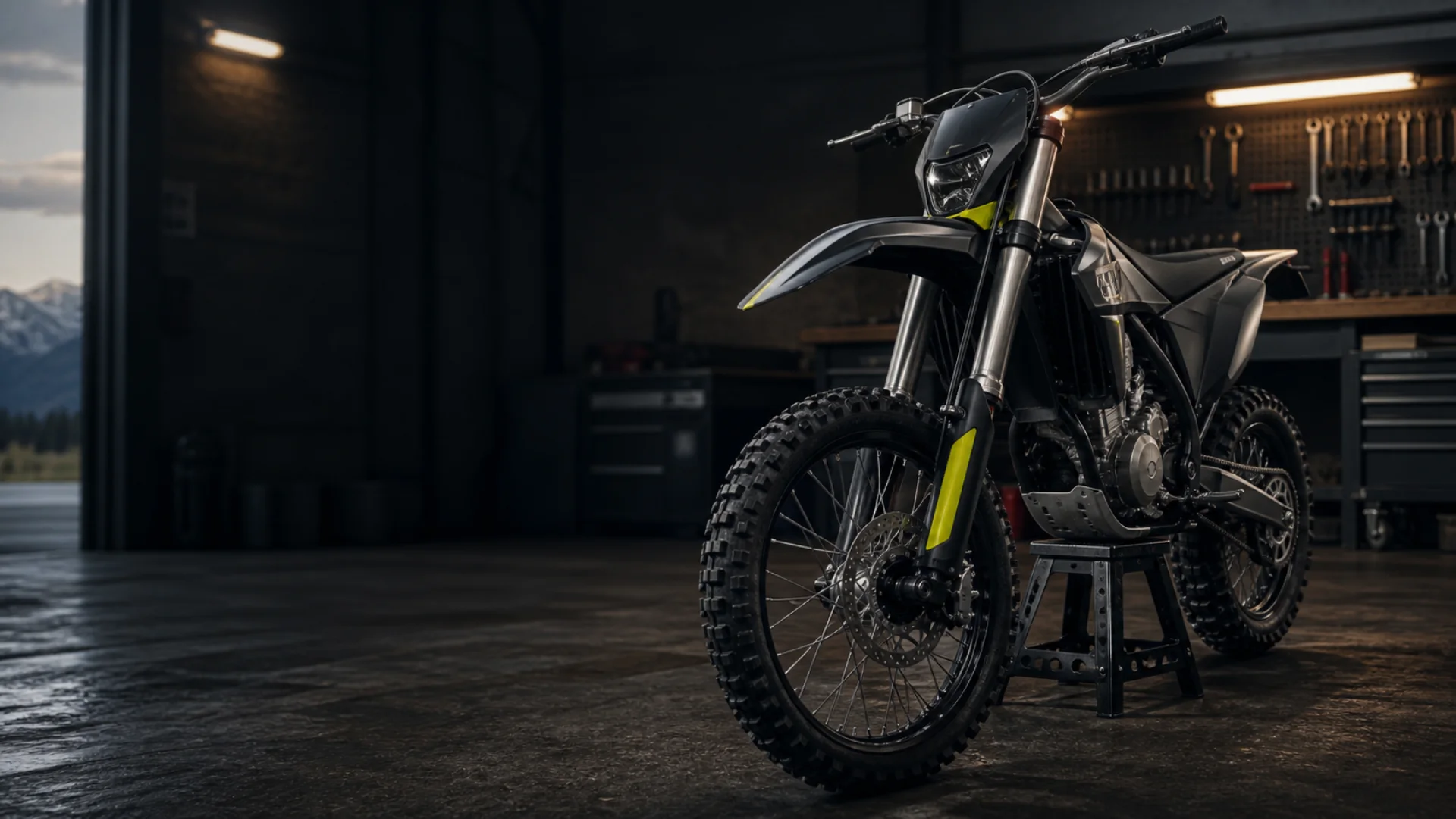 Unbranded dirt bike on a stand in a dark workshop