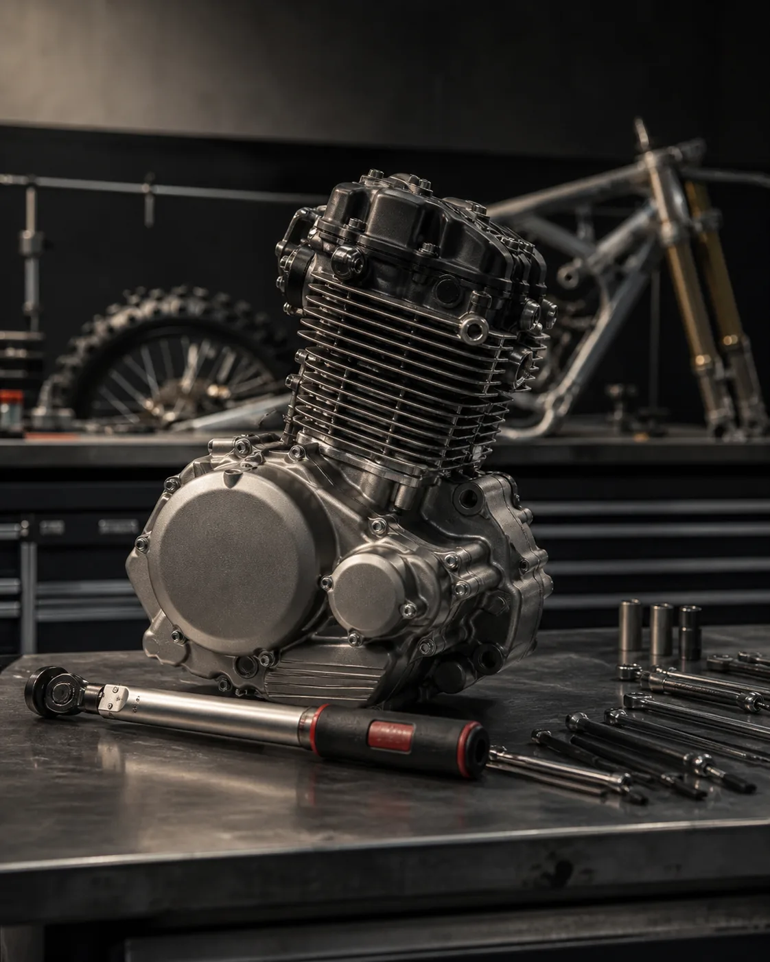 Temporary editorial image of an engine on a workshop bench